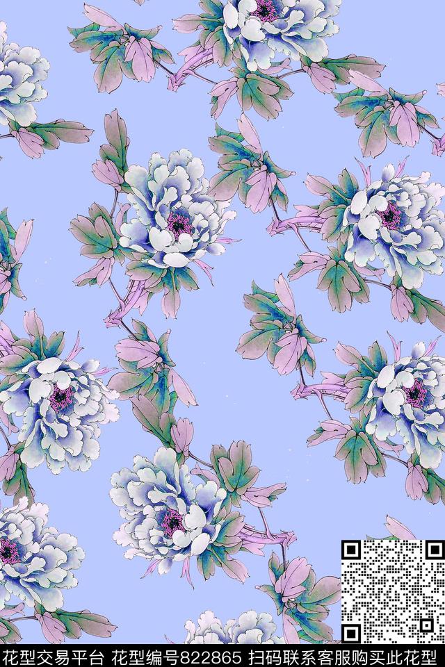 牡丹大花花卉创意数码印花华亿平台下载（图片编号: 822865） - 瓦栏（Walan）