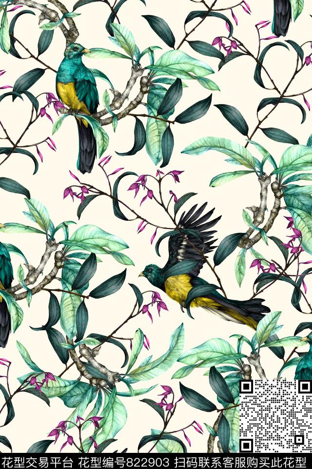 时尚手绘鸟数码印花华亿平台下载（图片编号: 822903） - 瓦栏（Walan）