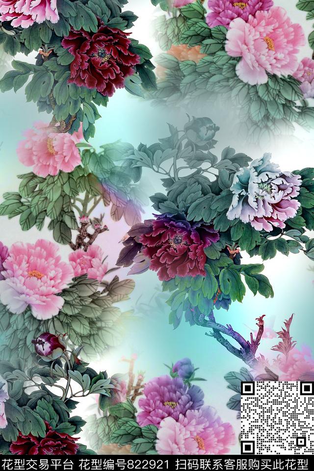 中国风牡丹花卉数码印花华亿平台下载（图片编号: 822921） - 瓦栏（Walan）
