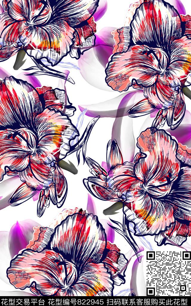 水彩花卉手绘数码印花华亿平台下载（图片编号: 822945） - 瓦栏（Walan）