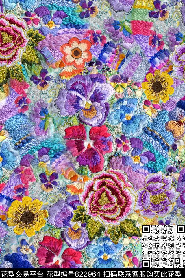 花卉绣花刺绣数码印花华亿平台下载（图片编号: 822964） - 瓦栏（Walan）