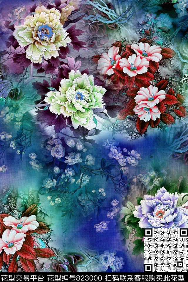 花卉牡丹中国风数码印花华亿平台下载（图片编号: 823000） - 瓦栏（Walan）