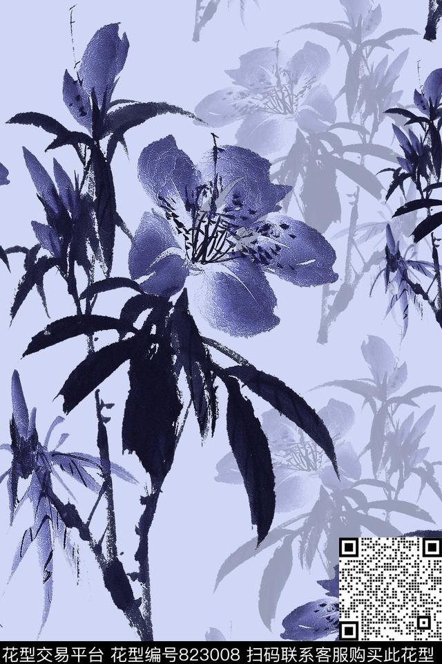 大花花卉创意水墨数码印花华亿平台下载（图片编号: 823008） - 瓦栏（Walan）