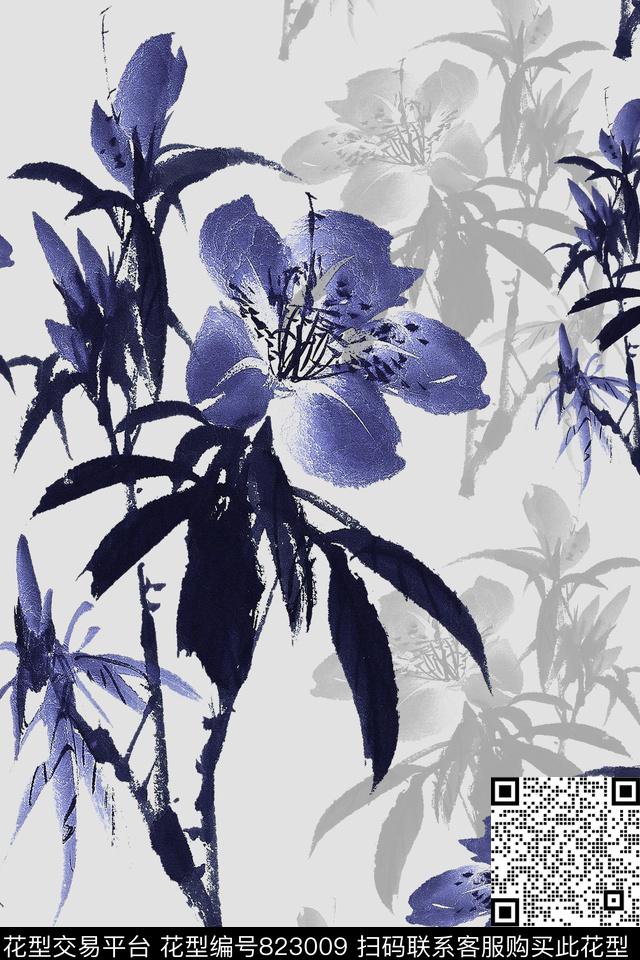 大花花卉创意水墨数码印花华亿平台下载（图片编号: 823009） - 瓦栏（Walan）