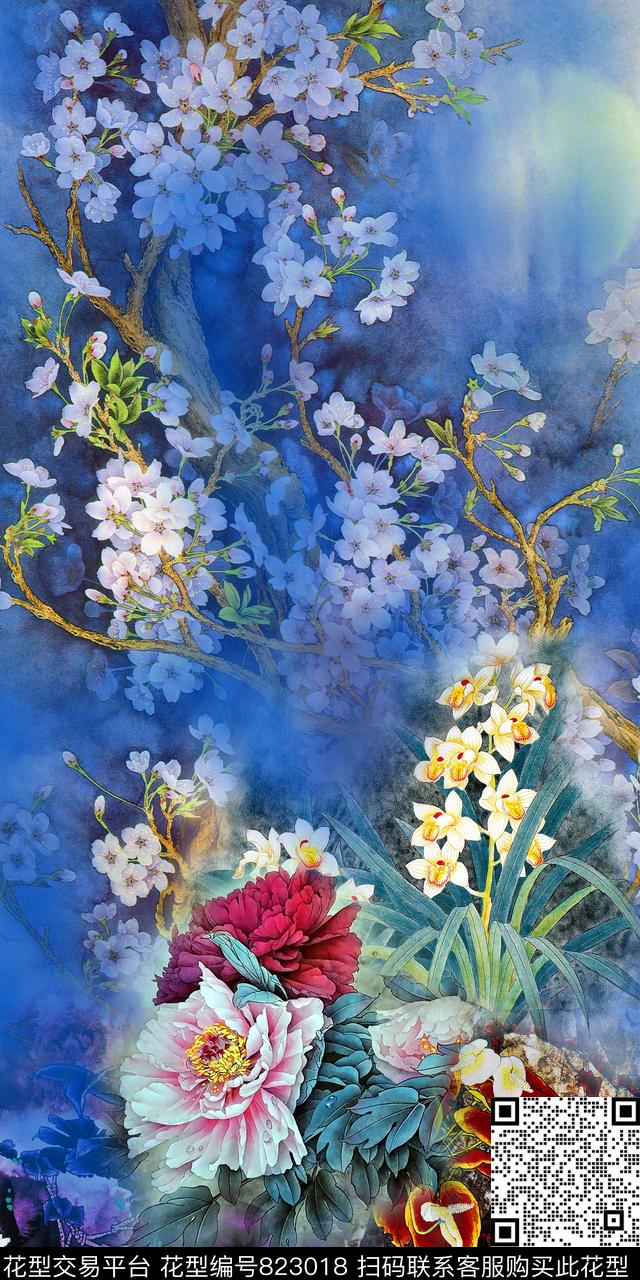 花卉中国风牡丹数码印花华亿平台下载（图片编号: 823018） - 瓦栏（Walan）