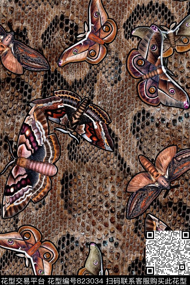 蝴蝶动物纹蛇皮数码印花华亿平台下载（图片编号: 823034） - 瓦栏（Walan）
