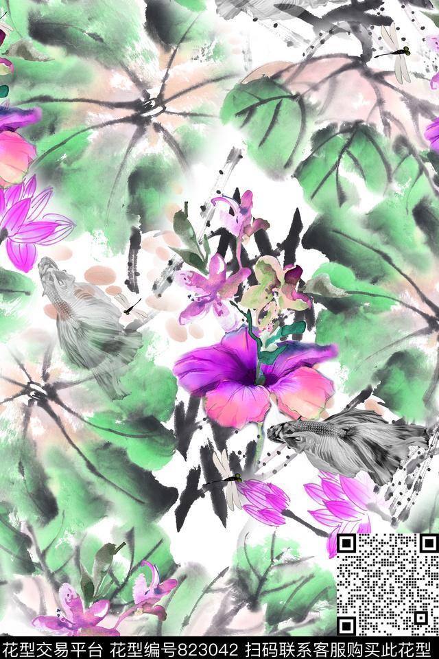 荷花鱼蜻蜓数码印花华亿平台下载（图片编号: 823042） - 瓦栏（Walan）