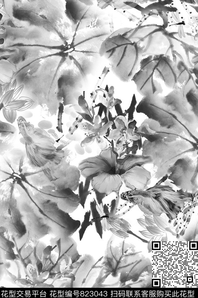 荷花鱼蜻蜓数码印花华亿平台下载（图片编号: 823043） - 瓦栏（Walan）