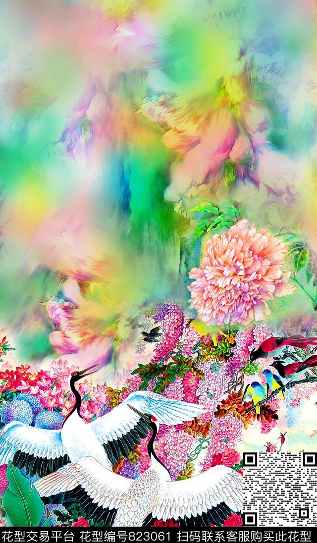 中国风牡丹仙鹤数码印花华亿平台下载（图片编号: 823061） - 瓦栏（Walan）