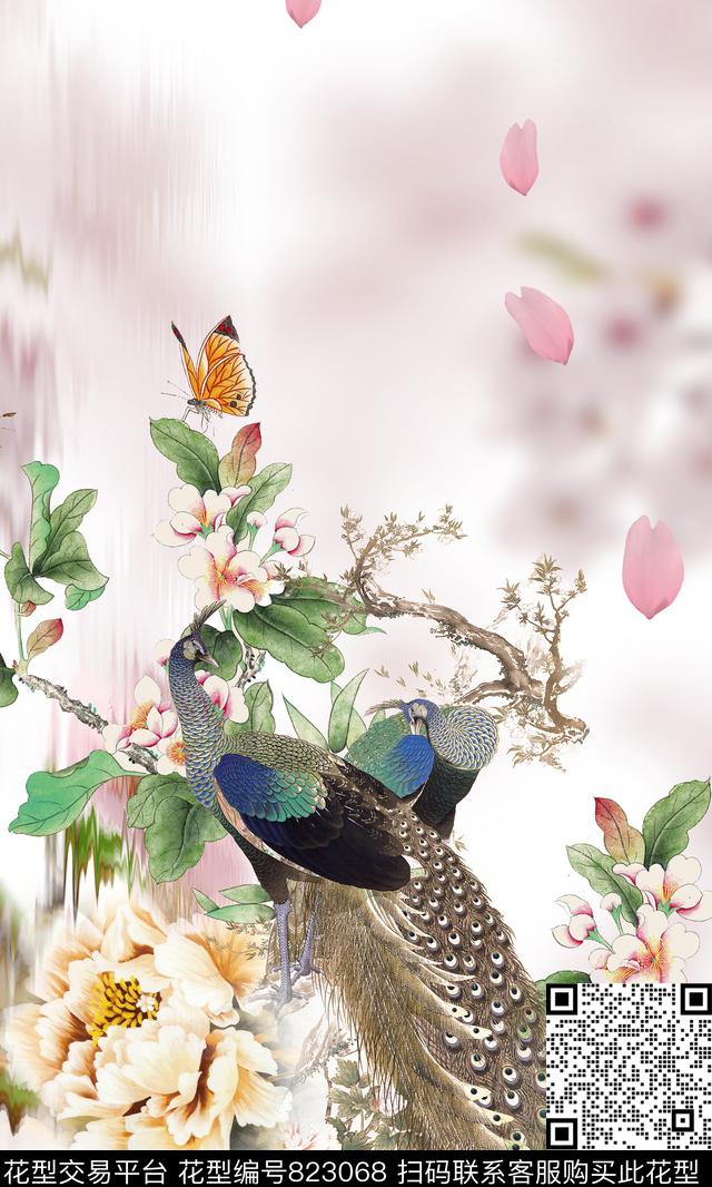 孔雀牡丹蝴蝶数码印花华亿平台下载（图片编号: 823068） - 瓦栏（Walan）