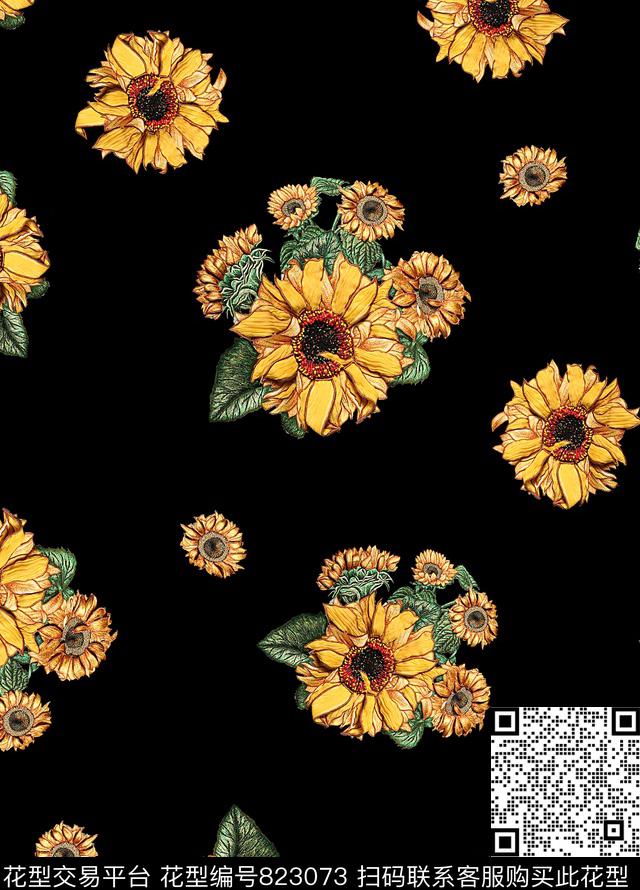 向日葵绣花花卉数码印花华亿平台下载（图片编号: 823073） - 瓦栏（Walan）