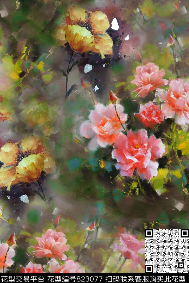 花卉油画肌理数码印花华亿平台下载（图片编号: 823077） - 瓦栏（Walan）