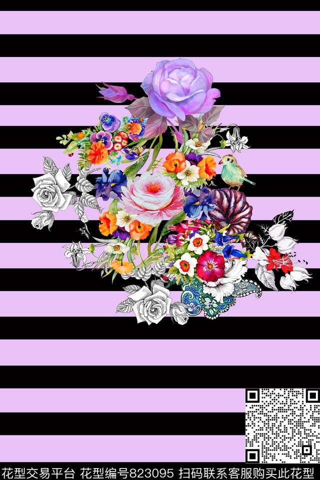 花卉定位条纹数码印花华亿平台下载（图片编号: 823095） - 瓦栏（Walan）