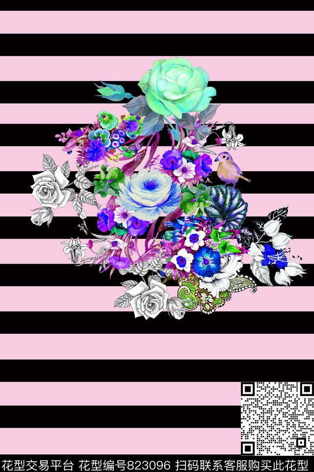 花卉定位条纹数码印花华亿平台下载（图片编号: 823096） - 瓦栏（Walan）