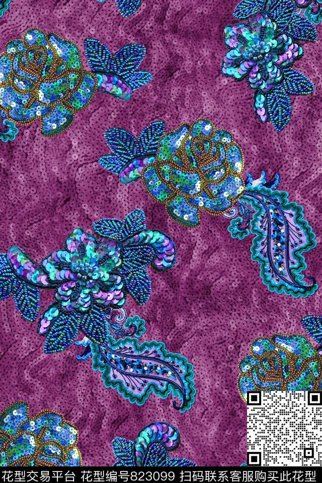 花卉珠片绣花数码印花华亿平台下载（图片编号: 823099） - 瓦栏（Walan）
