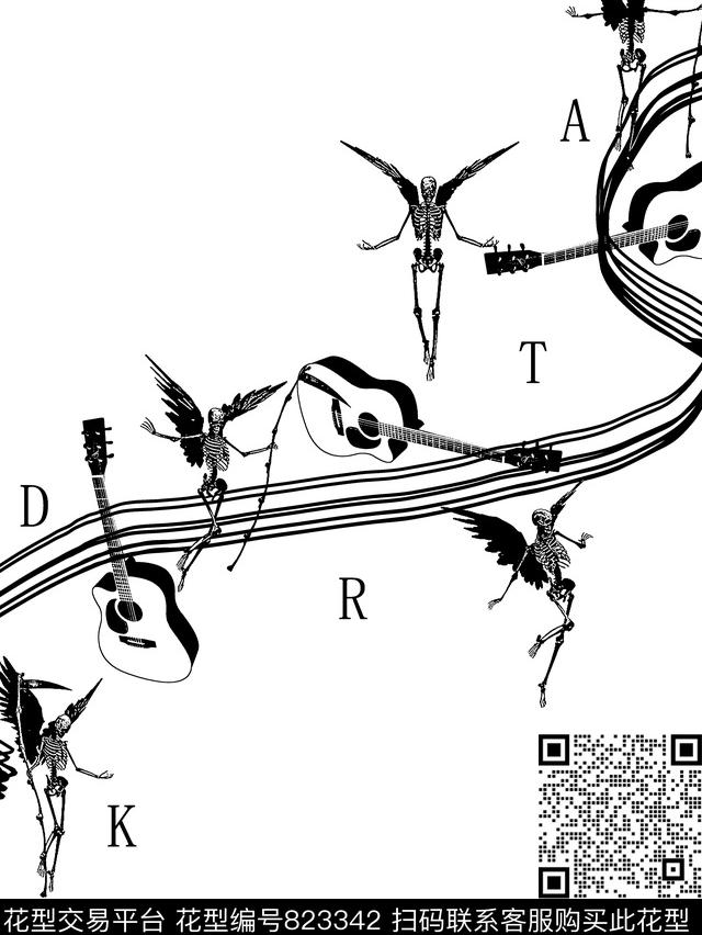 骷髅天使几何吉他传统印花华亿平台下载（图片编号: 823342） - 瓦栏（Walan）