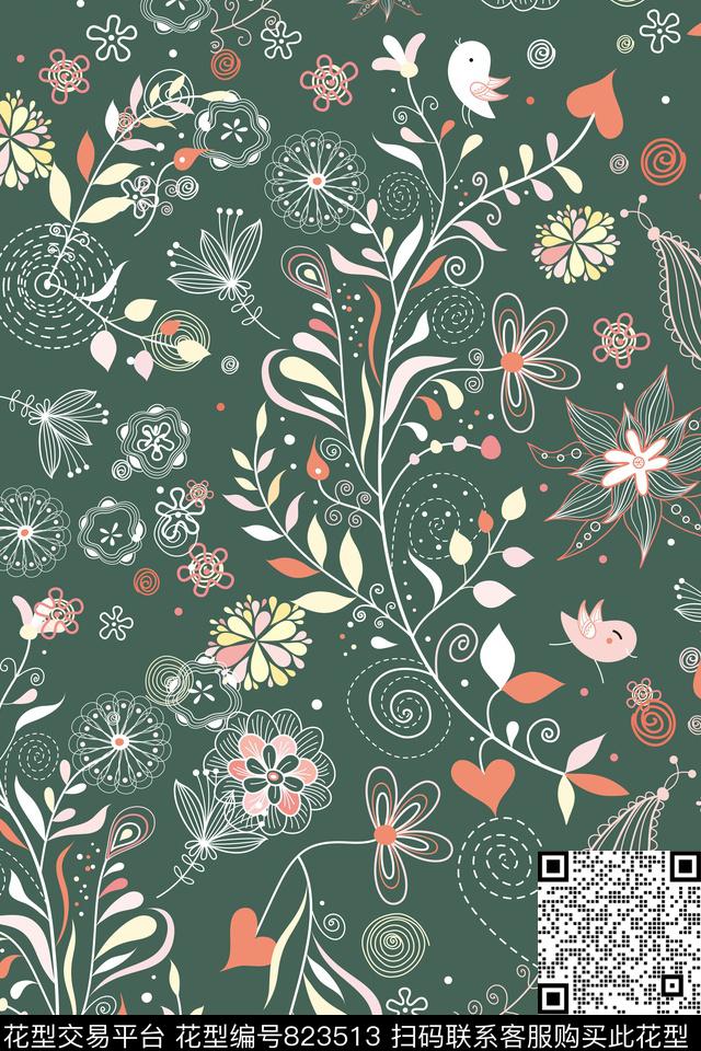 叶子花朵传统印花华亿平台下载（图片编号: 823513） - 瓦栏（Walan）