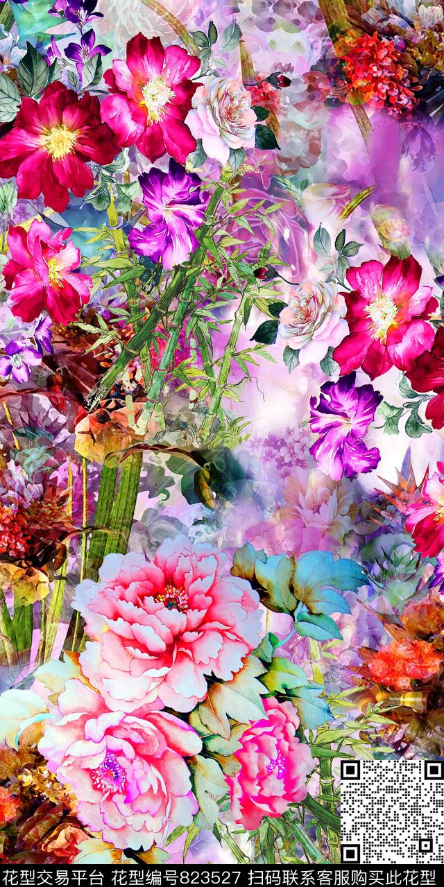 兰花牡丹花卉数码印花华亿平台下载（图片编号: 823527） - 瓦栏（Walan）