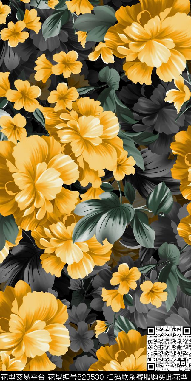 玫瑰雏菊花卉数码印花华亿平台下载（图片编号: 823530） - 瓦栏（Walan）
