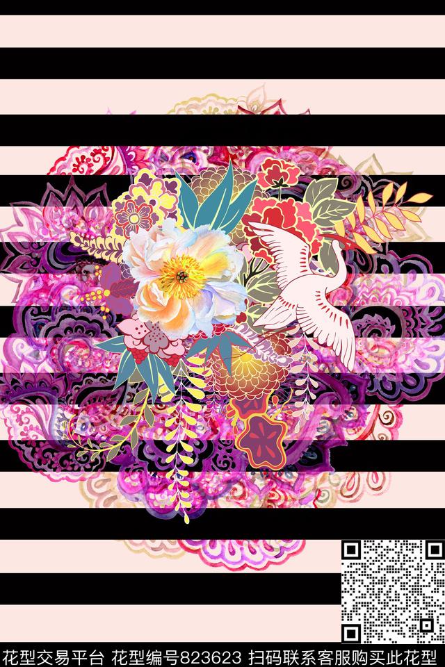 花卉仙鹤条纹数码印花华亿平台下载（图片编号: 823623） - 瓦栏（Walan）
