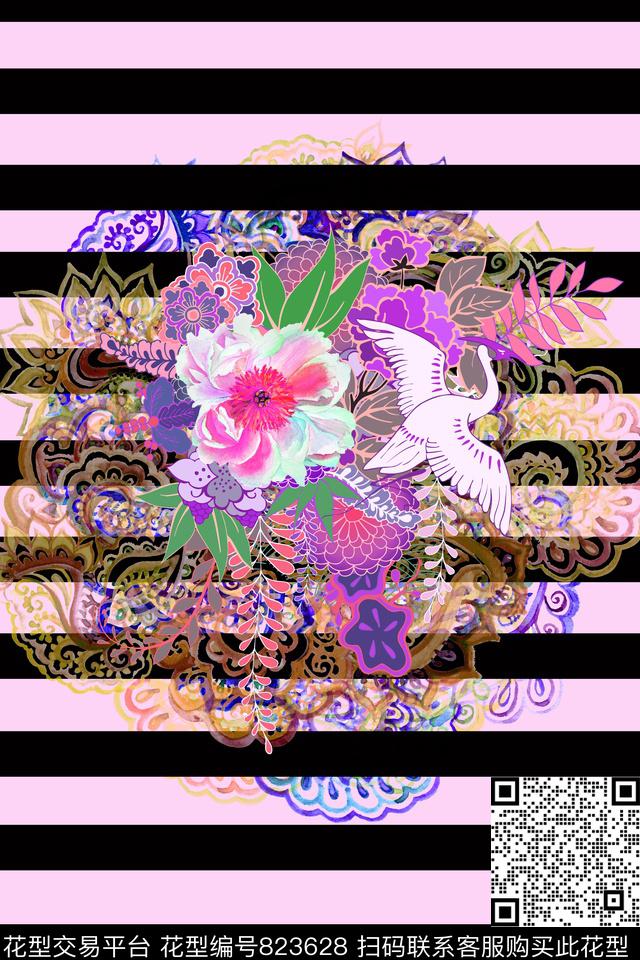 花卉仙鹤条纹数码印花华亿平台下载（图片编号: 823628） - 瓦栏（Walan）