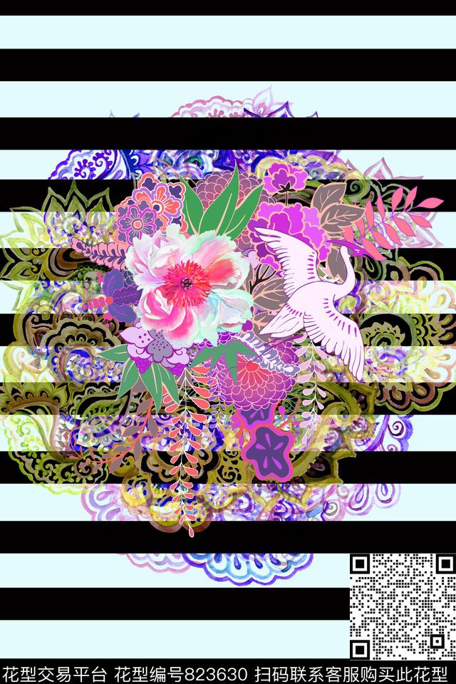 花卉仙鹤条纹数码印花华亿平台下载（图片编号: 823630） - 瓦栏（Walan）