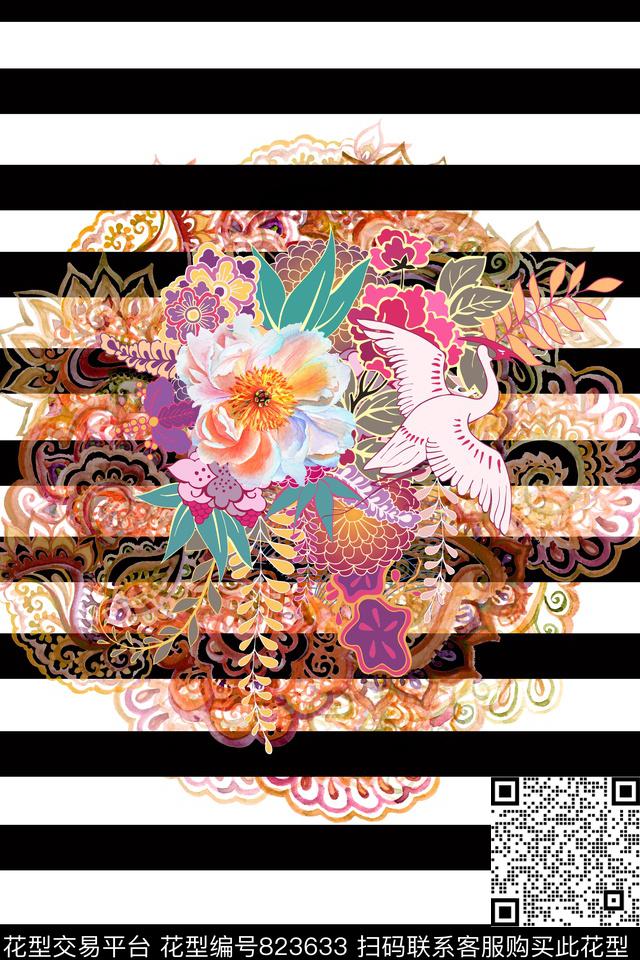 花卉仙鹤条纹数码印花华亿平台下载（图片编号: 823633） - 瓦栏（Walan）