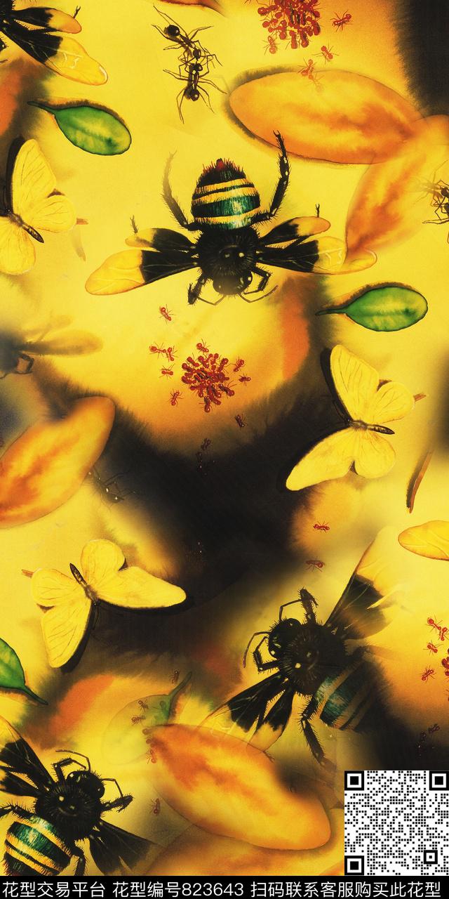 昆虫蚂蚁树叶数码印花华亿平台下载（图片编号: 823643） - 瓦栏（Walan）