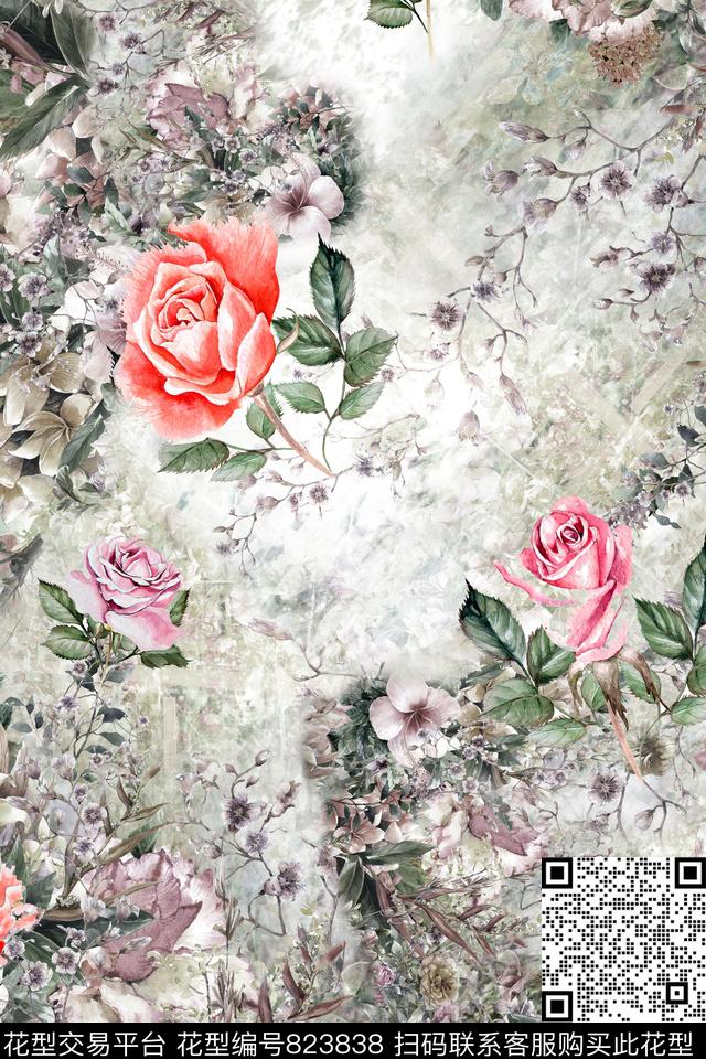 玫瑰花肌理叶子数码印花华亿平台下载（图片编号: 823838） - 瓦栏（Walan）