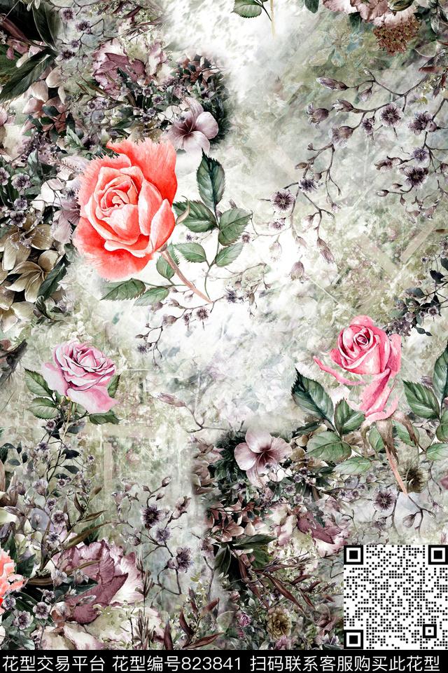 玫瑰花肌理叶子数码印花华亿平台下载（图片编号: 823841） - 瓦栏（Walan）