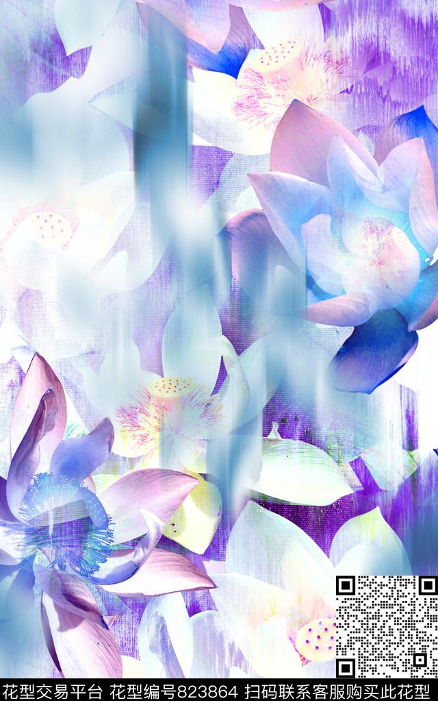 晕染荷花肌理数码印花华亿平台下载（图片编号: 823864） - 瓦栏（Walan）