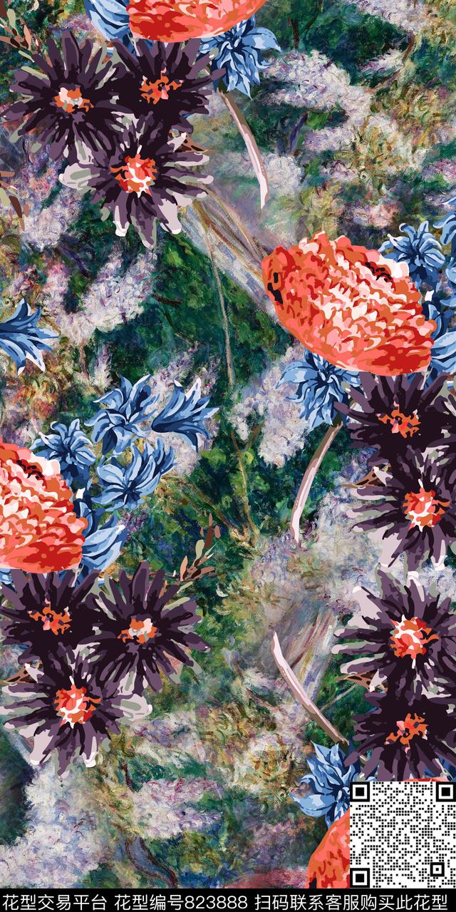 康乃馨菊花乱花数码印花华亿平台下载（图片编号: 823888） - 瓦栏（Walan）