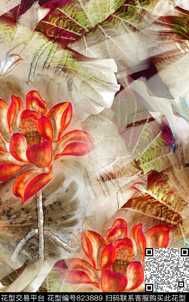 中国风荷花肌理数码印花华亿平台下载（图片编号: 823889） - 瓦栏（Walan）