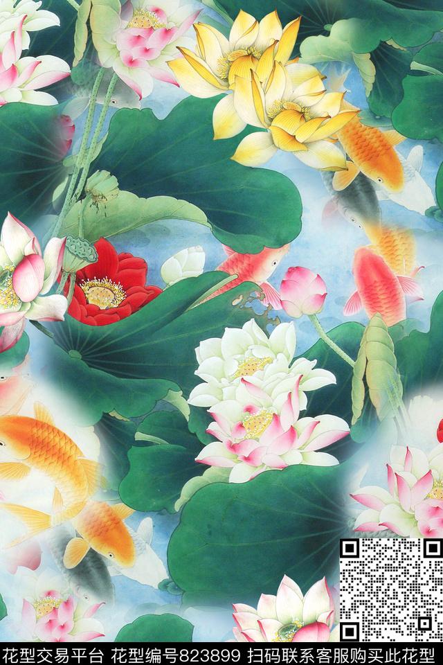 中国风花卉荷花锦鲤数码印花华亿平台下载（图片编号: 823899） - 瓦栏（Walan）