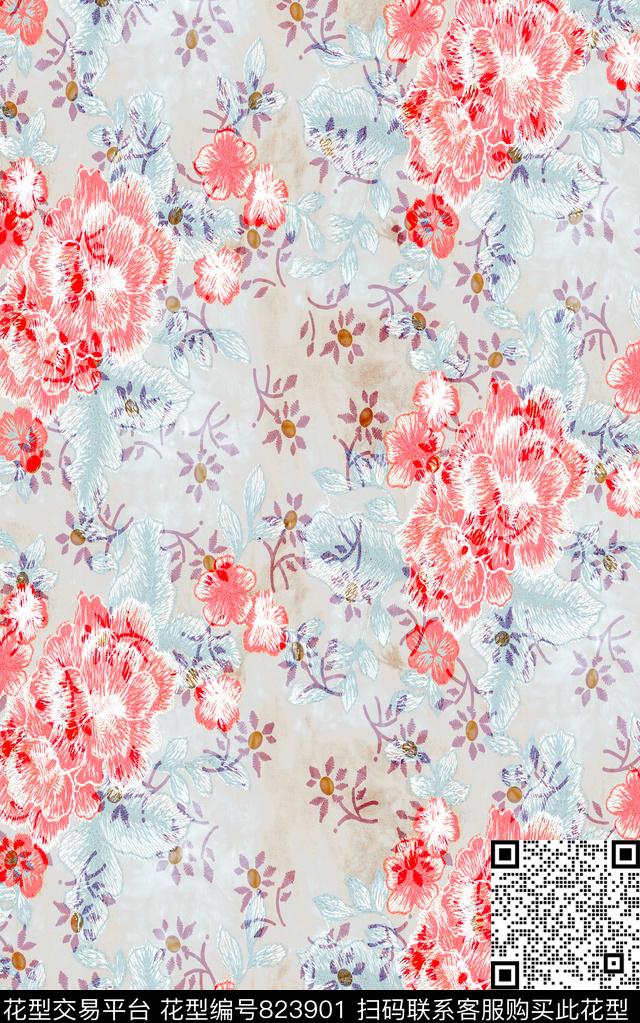 刺绣肌理花卉数码印花华亿平台下载（图片编号: 823901） - 瓦栏（Walan）