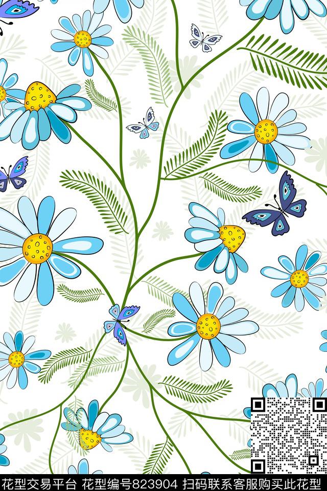 大花花卉蝴蝶传统印花华亿平台下载（图片编号: 823904） - 瓦栏（Walan）
