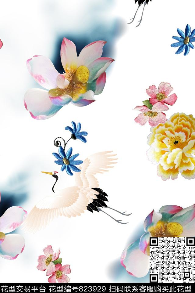 刺绣牡丹荷花数码印花华亿平台下载（图片编号: 823929） - 瓦栏（Walan）