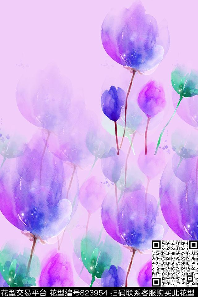 花瓣花卉创意水彩数码印花华亿平台下载（图片编号: 823954） - 瓦栏（Walan）