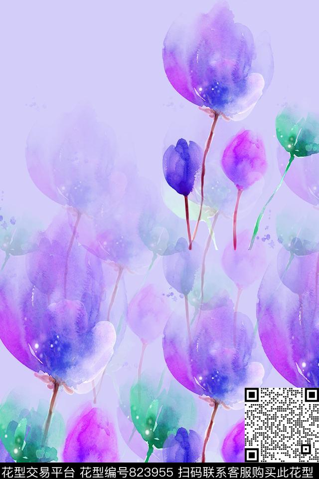花瓣花卉创意水彩数码印花华亿平台下载（图片编号: 823955） - 瓦栏（Walan）