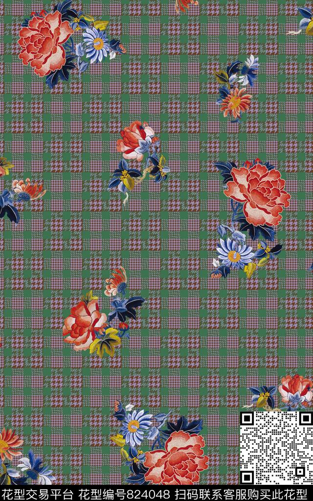 仿刺绣花卉格子数码印花华亿平台下载（图片编号: 824048） - 瓦栏（Walan）