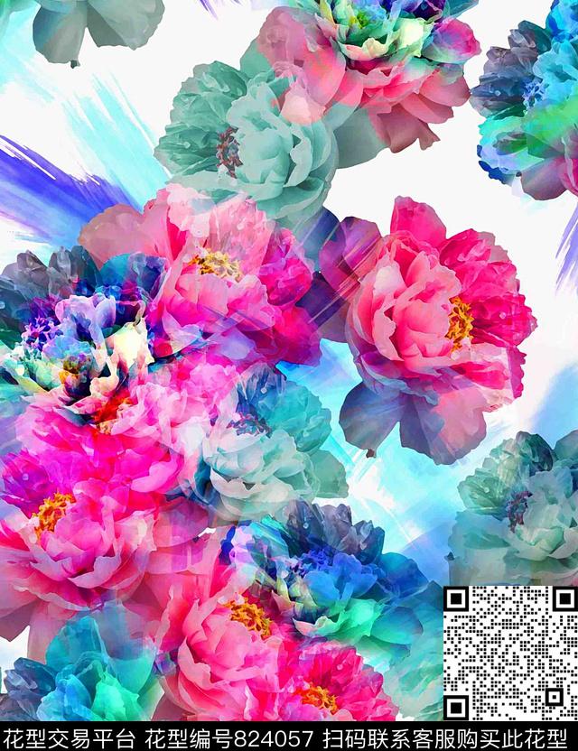 花朵乱花牡丹数码印花华亿平台下载（图片编号: 824057） - 瓦栏（Walan）
