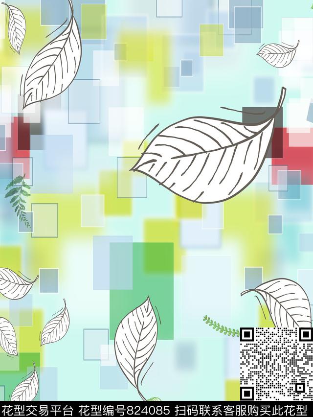 色块树叶几何数码印花华亿平台下载（图片编号: 824085） - 瓦栏（Walan）