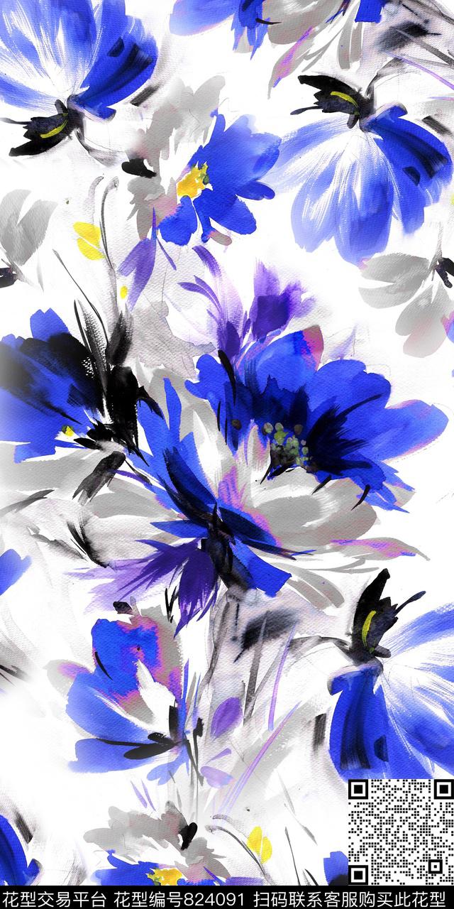 水彩抽象花卉数码印花华亿平台下载（图片编号: 824091） - 瓦栏（Walan）