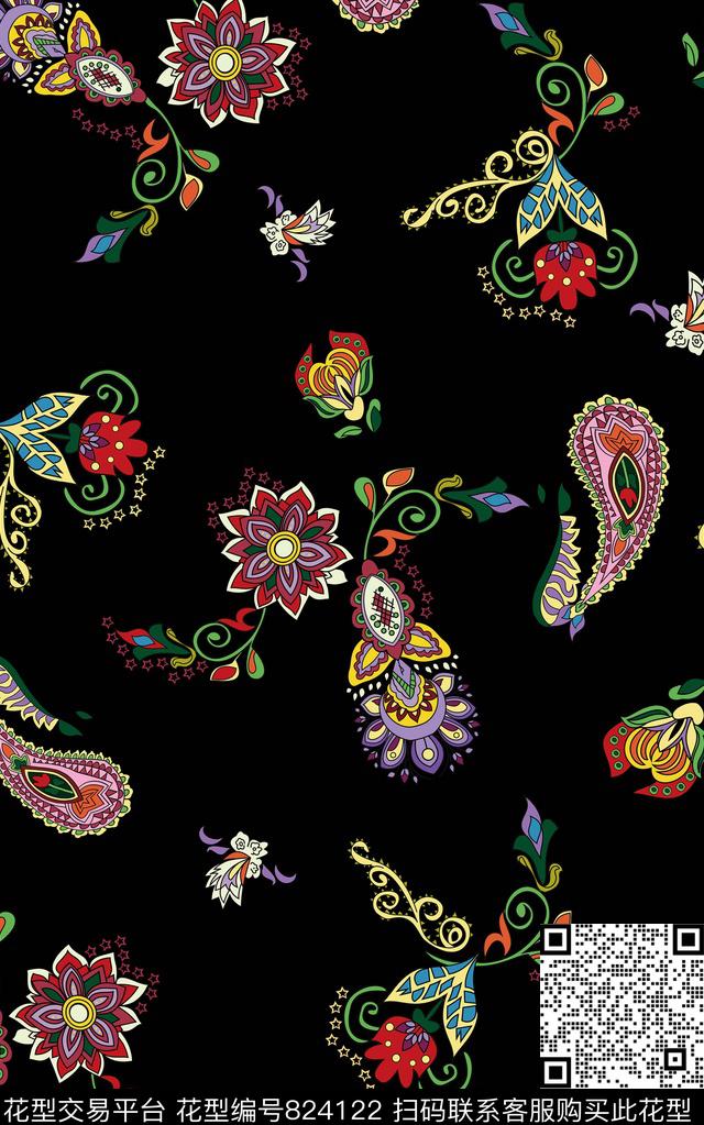 花卉腰果民族风传统印花华亿平台下载（图片编号: 824122） - 瓦栏（Walan）