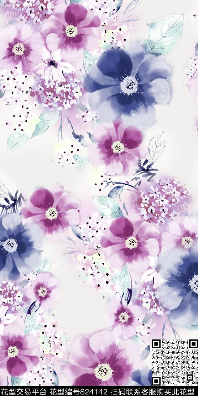 水彩花卉复古数码印花华亿平台下载（图片编号: 824142） - 瓦栏（Walan）