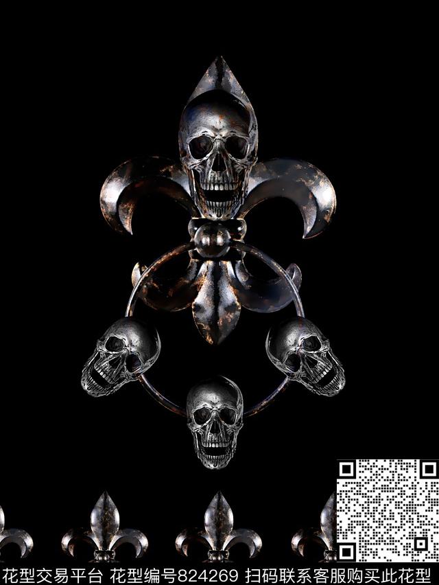 复古骷髅头金属环男装T恤华亿平台数码印花华亿平台下载（图片编号: 824269） - 瓦栏（Walan）