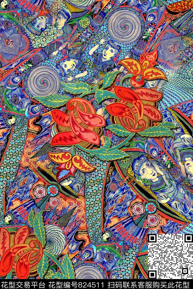 民族风条纹花卉数码印花华亿平台下载（图片编号: 824511） - 瓦栏（Walan）
