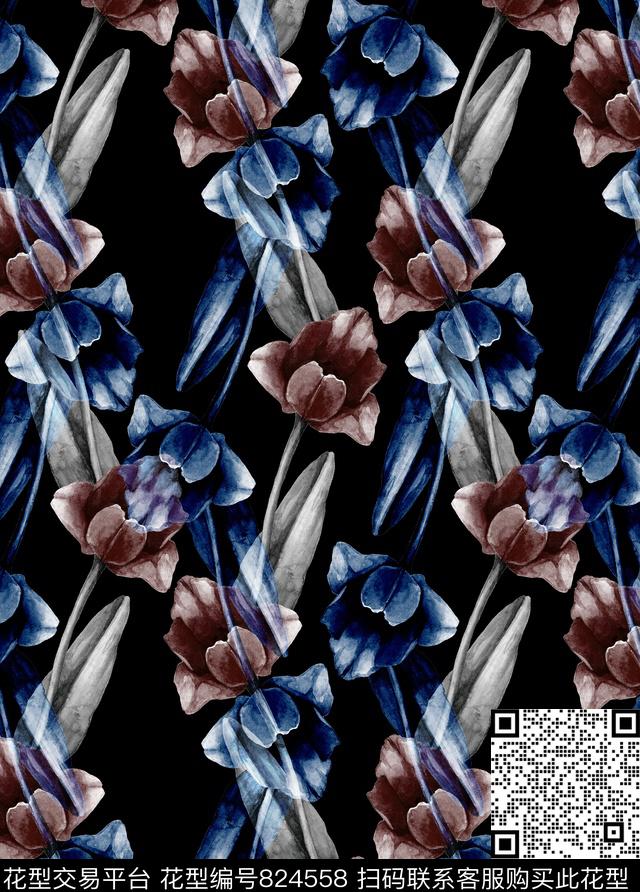 黑白花郁金香水彩数码印花华亿平台下载（图片编号: 824558） - 瓦栏（Walan）
