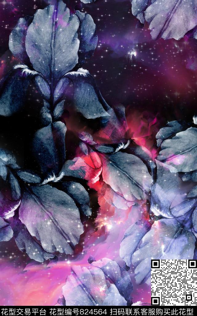 星空花卉水彩数码印花华亿平台下载（图片编号: 824564） - 瓦栏（Walan）