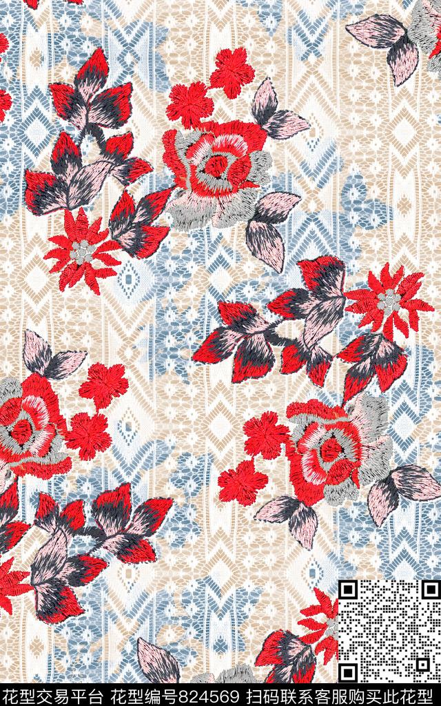 绣花蕾丝花卉数码印花华亿平台下载（图片编号: 824569） - 瓦栏（Walan）